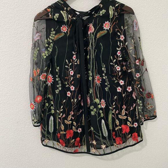 Entro Blouse Floral Black and Multi Color Embroidered Mesh Sleeve - Picture 2 of 7